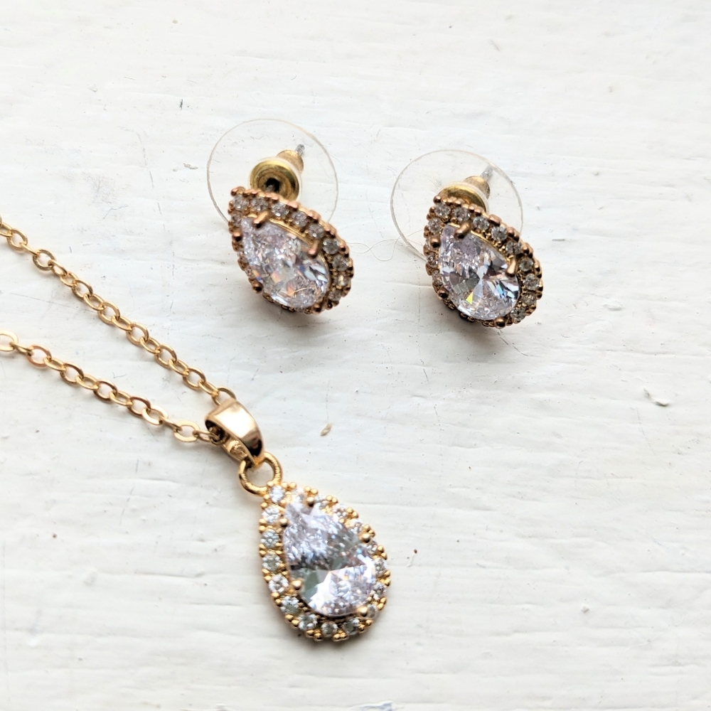 Faux Diamond Gold Set Earrings and Necklace - Bridal